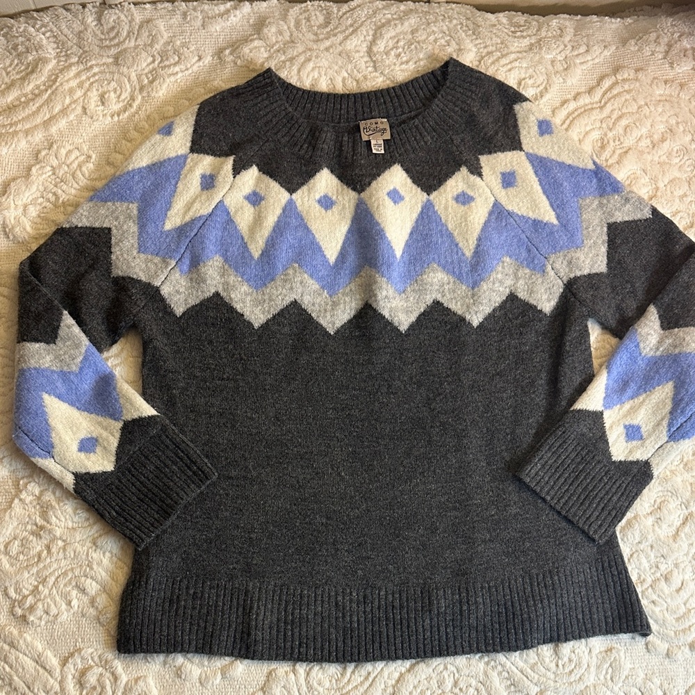 Como Vintage Gray and Blue Patterned Women's knit Sweater Sz L